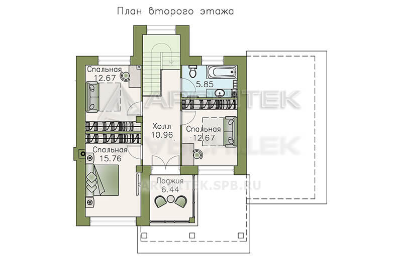 T-096-P Проект небольшого двухэтажного дома с гаражом-навесом и террасой 12×13.4