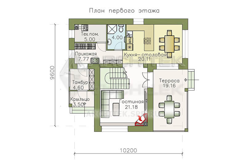 T-097-P Проект небольшого двухэтажного дома из газобетона с террасой 9.6×10.2