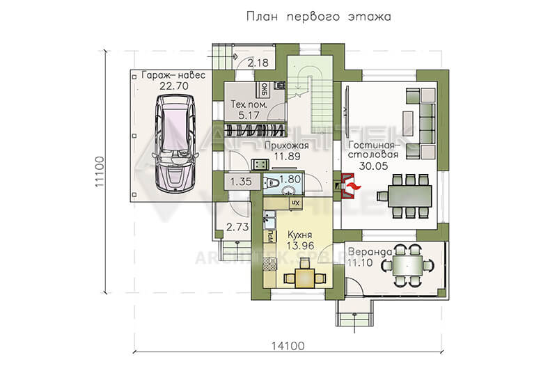 T-098-P Проект дома из газобетона с мансардой, гаражом-навесом 11×14