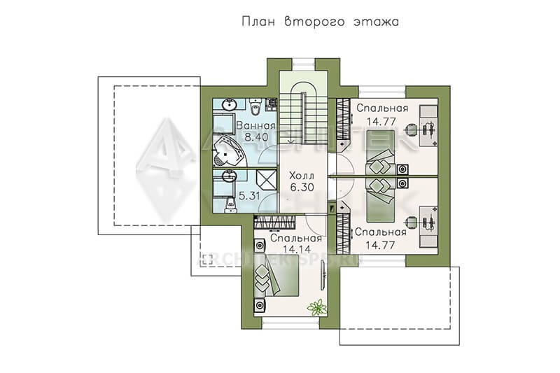 T-098-P Проект дома из газобетона с мансардой, гаражом-навесом 11×14