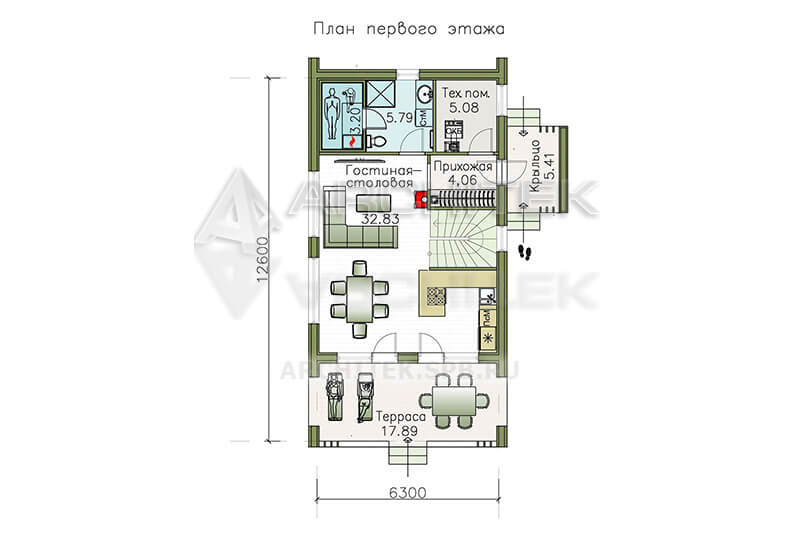 T-106-F Проект небольшого современного каркасного дома с мансардой, террасой, балконом, сауной 6.3×12.6