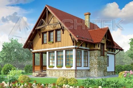 V-015-F проект маленького каркасного дома с мансардой, верандой 8х10