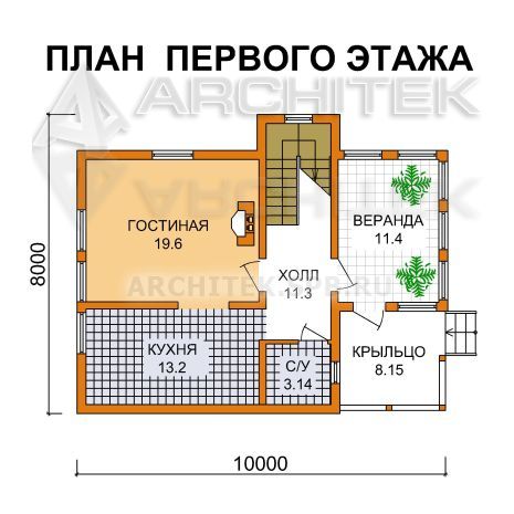 V-015-F проект маленького каркасного дома с мансардой, верандой 8х10