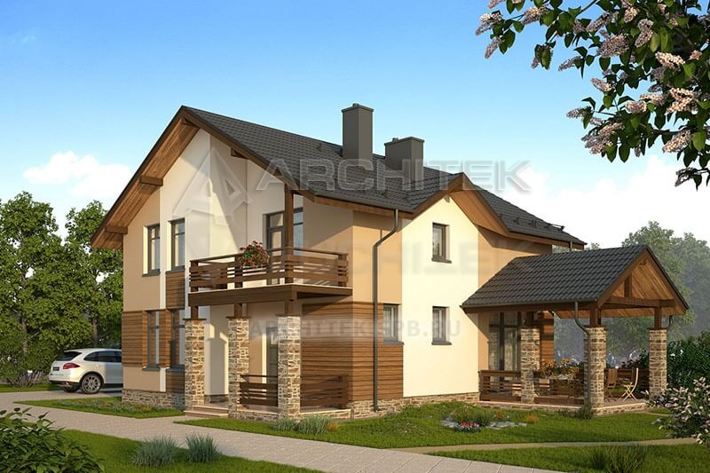 V-024-1P проект простого дома из газобетона с мансардой, балконом, террасой 9х10.5