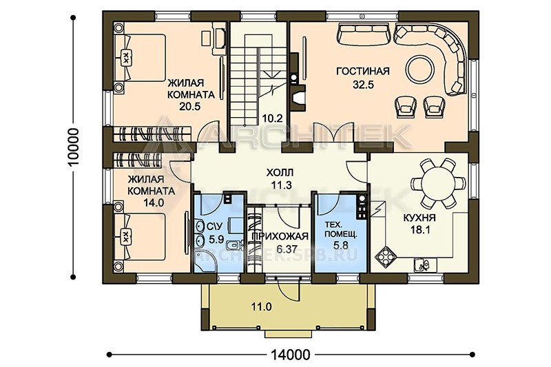 V-029-1P проект простого двухэтажного дома из газобетона с балконом 10х14