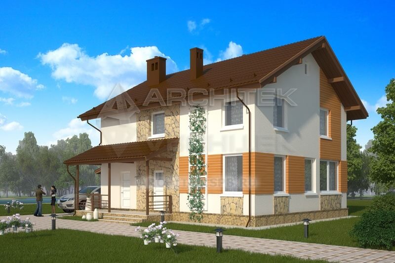 V-051-3P проект простого дома из газобетона с гаражом-навесом 8.4х10.4