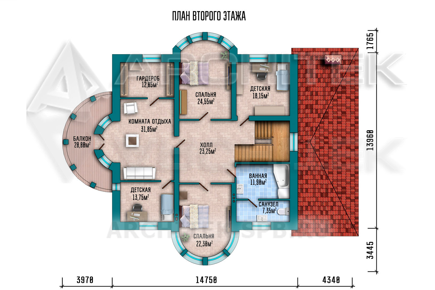 VR-006-K проект двухэтажного дома из кирпича с гаражом на 2 авто, подвалом, террасой