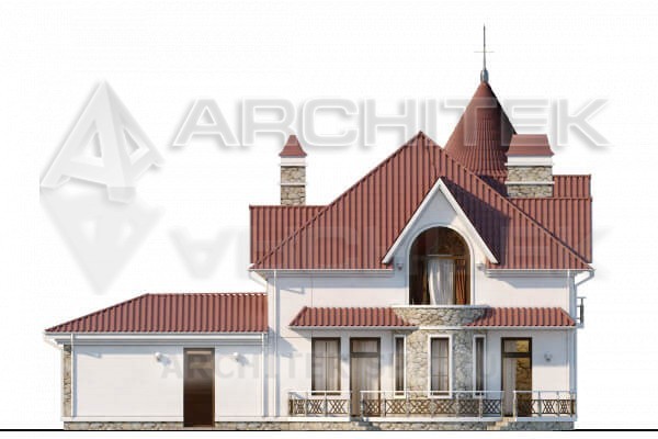 VR-014-P проект двухэтажного дома из газобетона с мансардой, гаражом, балконом, террасой