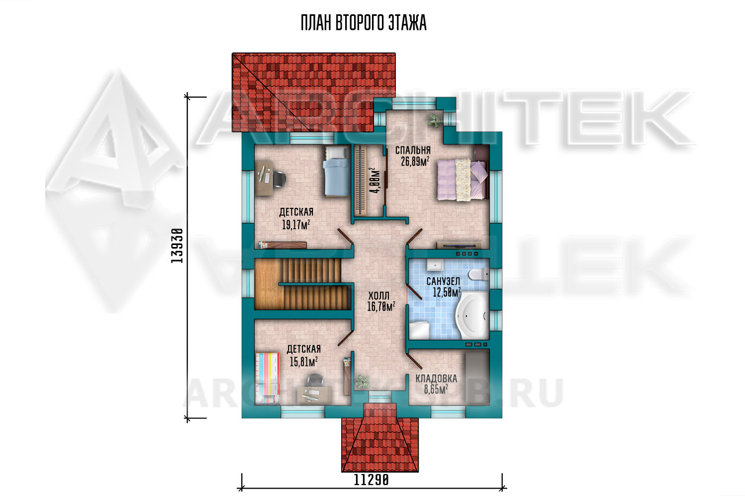 VR-015-P проект двухэтажного дома из газобетона с террасой 11.29×17.49
