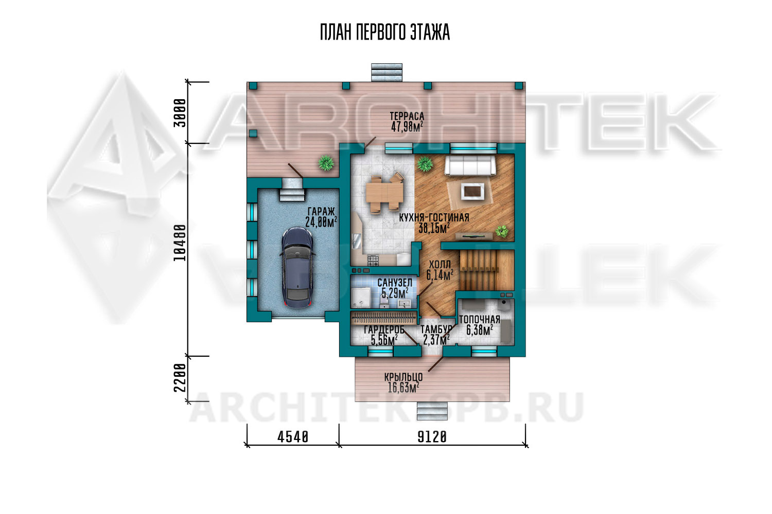 VR-034-P/1 проект дома из газобетона с мансардой, террасой и гаражом