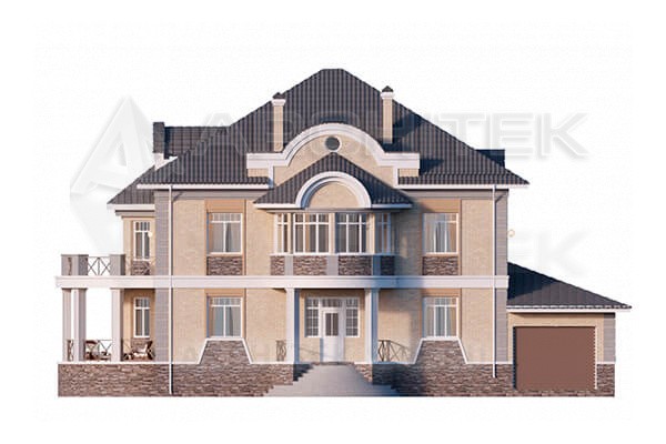 VR-055-P проект красивого дома из газобетона 22.96×19.17 с мансардой, подвалом, гаражом, эркером, балконом, террасой
