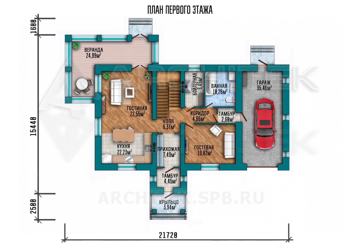 VR-056-P проект двухэтажного дома 21.72×19.54 из газобетонных блоков с гаражом и верандой