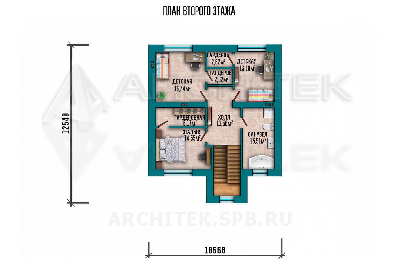 VR-064-P проект двухэтажного дома из газобетона с гаражом и террасой 16.7×14.04
