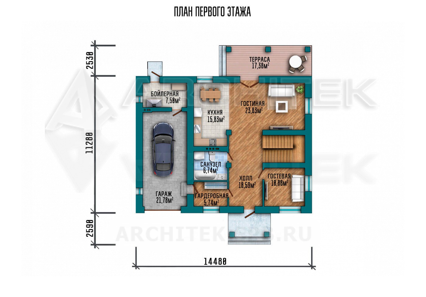 VR-073-P/1 проект двухэтажного дома 14.48×16.4 из газобетона с гаражом, террасой и балконом
