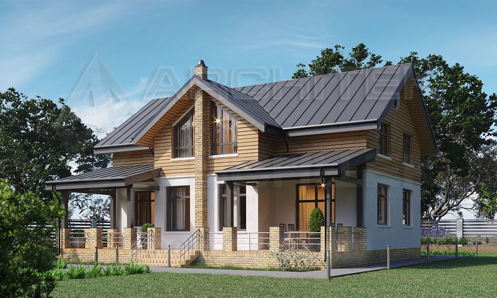 VR-085-P/1 готовый проект загородного дома из газобетона с мансардой и террасой 14.63×12.45