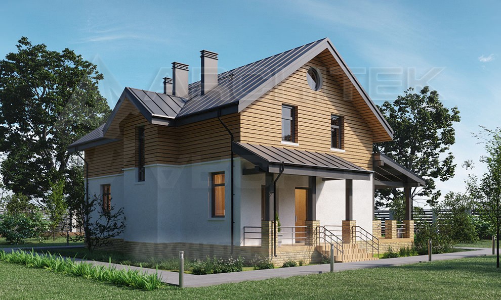 VR-085-P/1 готовый проект загородного дома из газобетона с мансардой и террасой 14.63×12.45