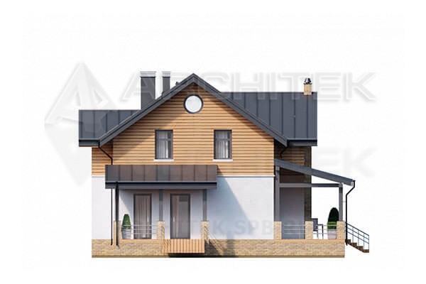 VR-085-P/1 готовый проект загородного дома из газобетона с мансардой и террасой 14.63×12.45