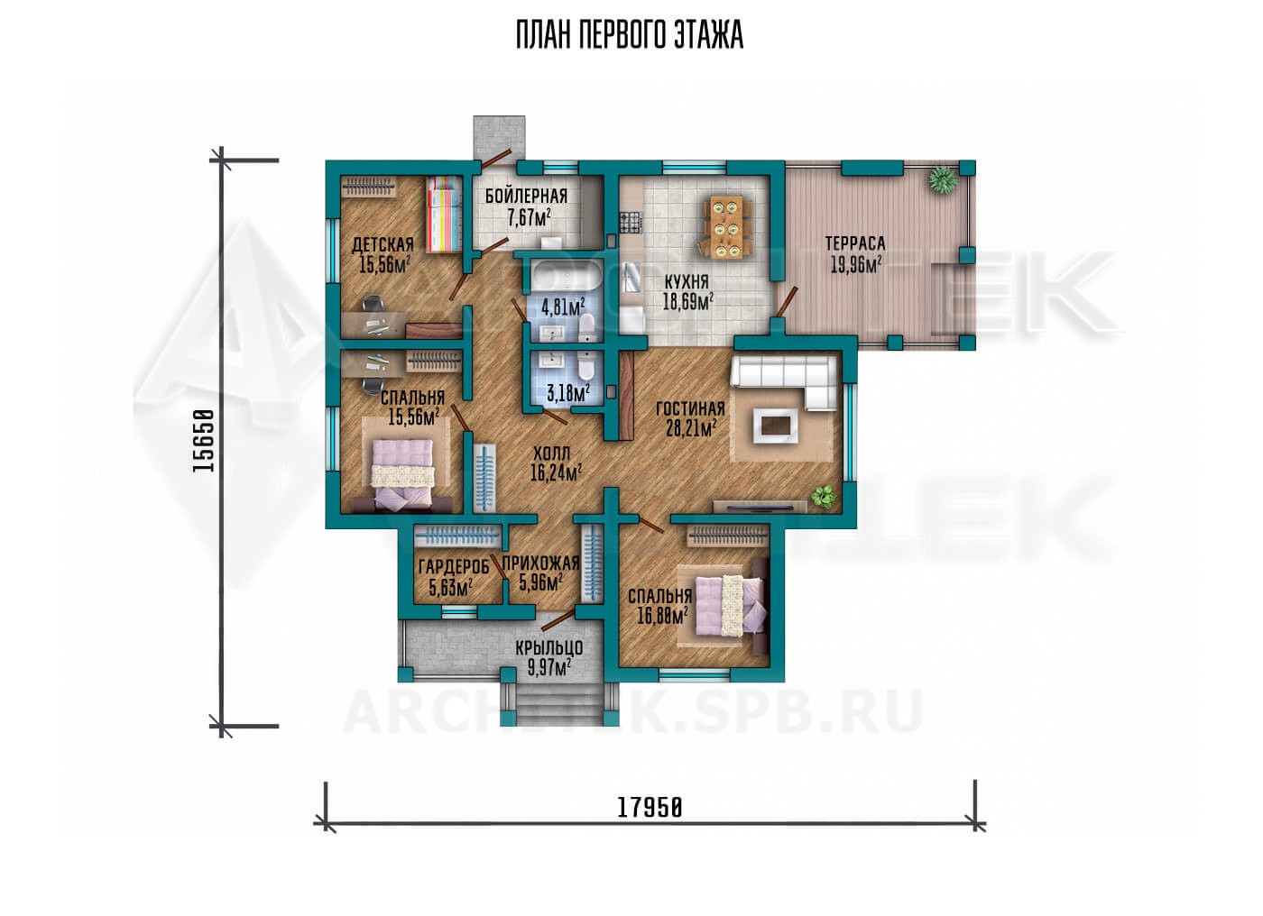 VR-090-P/1 проект одноэтажного коттеджа 17.95×15.65 из газобетонных блоков с террасой