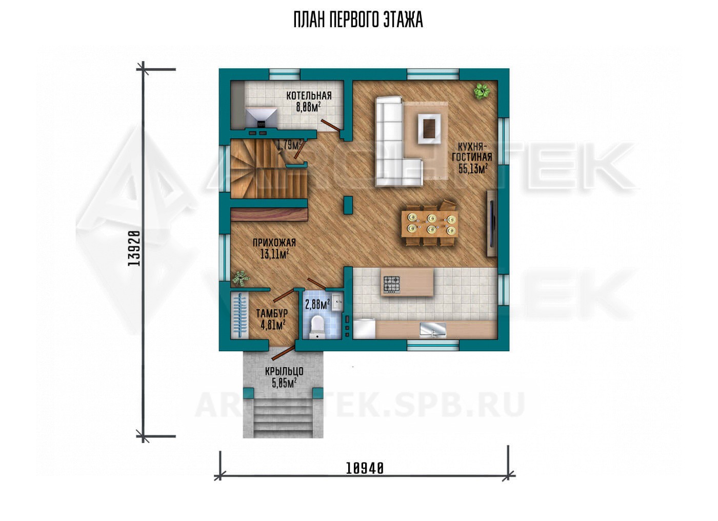 VR-098-P проект загородного дома из газобетона 10.94×13.92 с мансардой