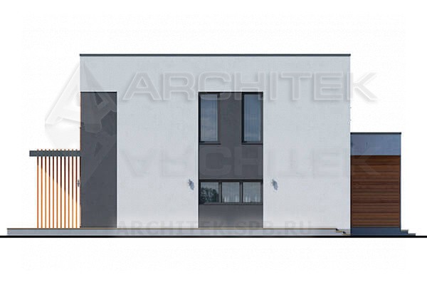 VR-100-P/1 проект современного дома из газобетона с плоской крышей, гаражом и террасой 15.12×17.51