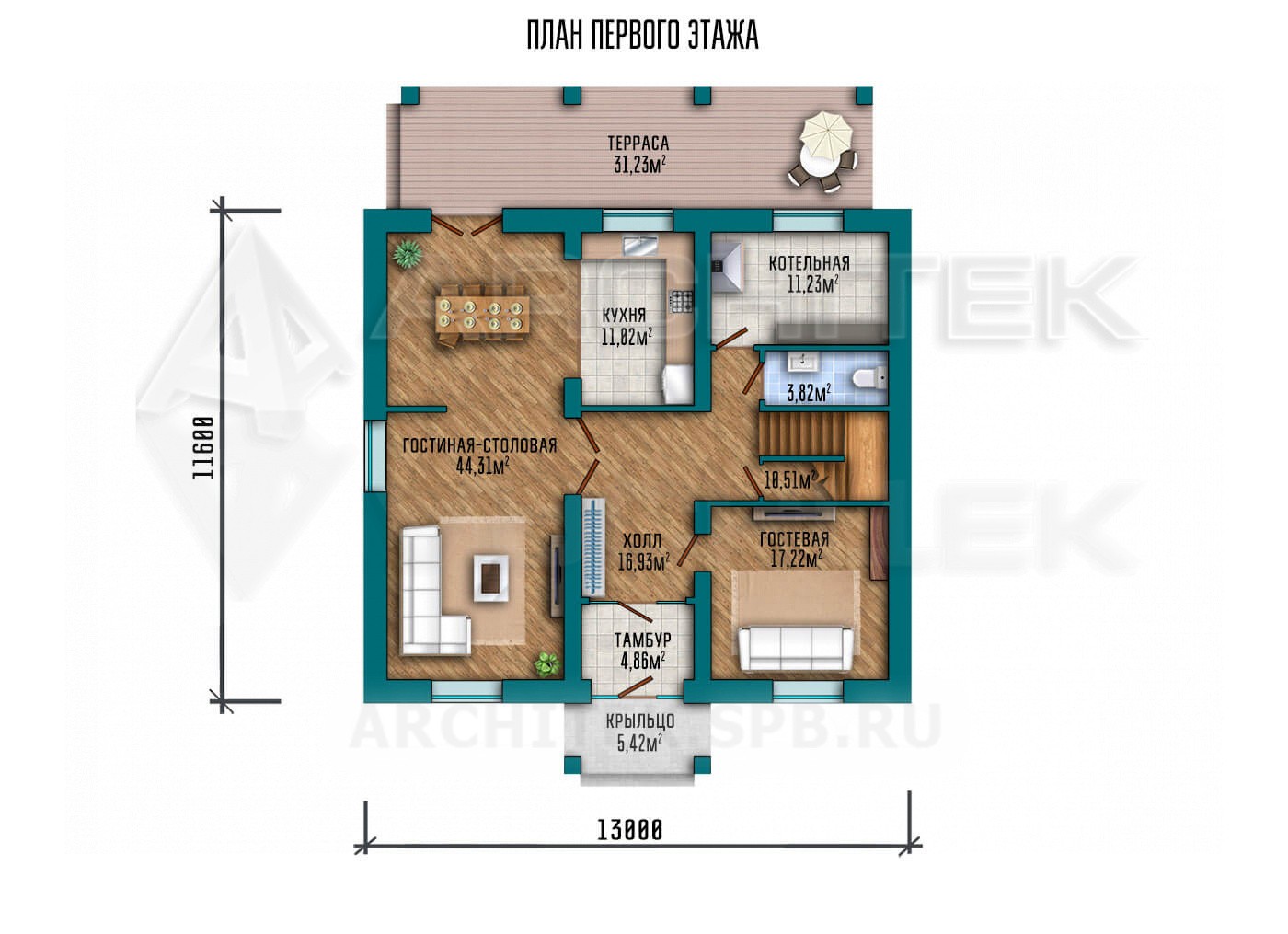 VR-101-P готовый проект двухэтажного дома 13×11.6 из газобетона с террасой