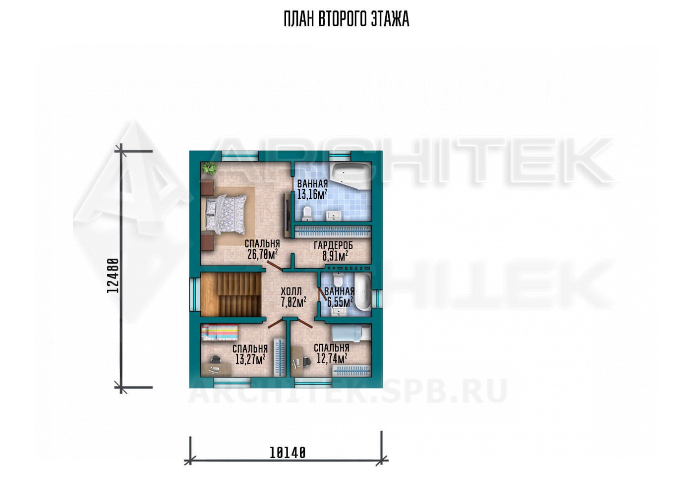 VR-108-P/1 проект двухэтажного дома 17.5×17.3 из газобетона с гаражом на 2 авто и террасой