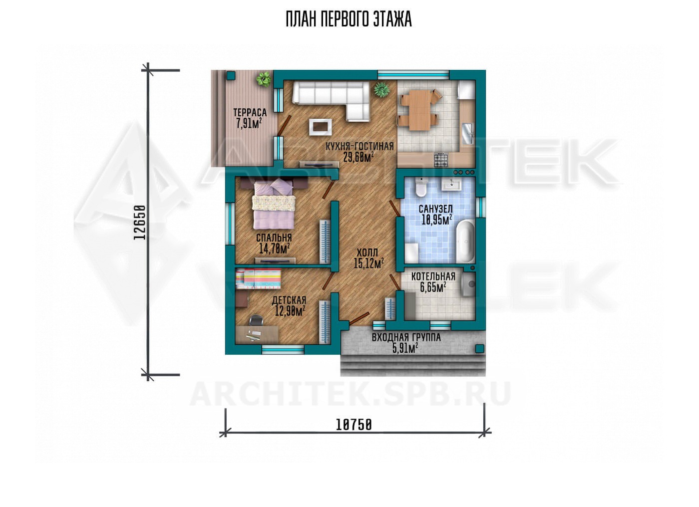 VR-121-P/1 проект одноэтажного дома 10.75×12.65 из газобетона с террасой