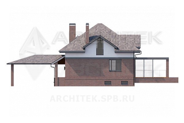 VR-123-P/1 проект дома из газобетона 21.57×12.13 с мансардой, цокольным этажом, террасой и гаражом-навесом