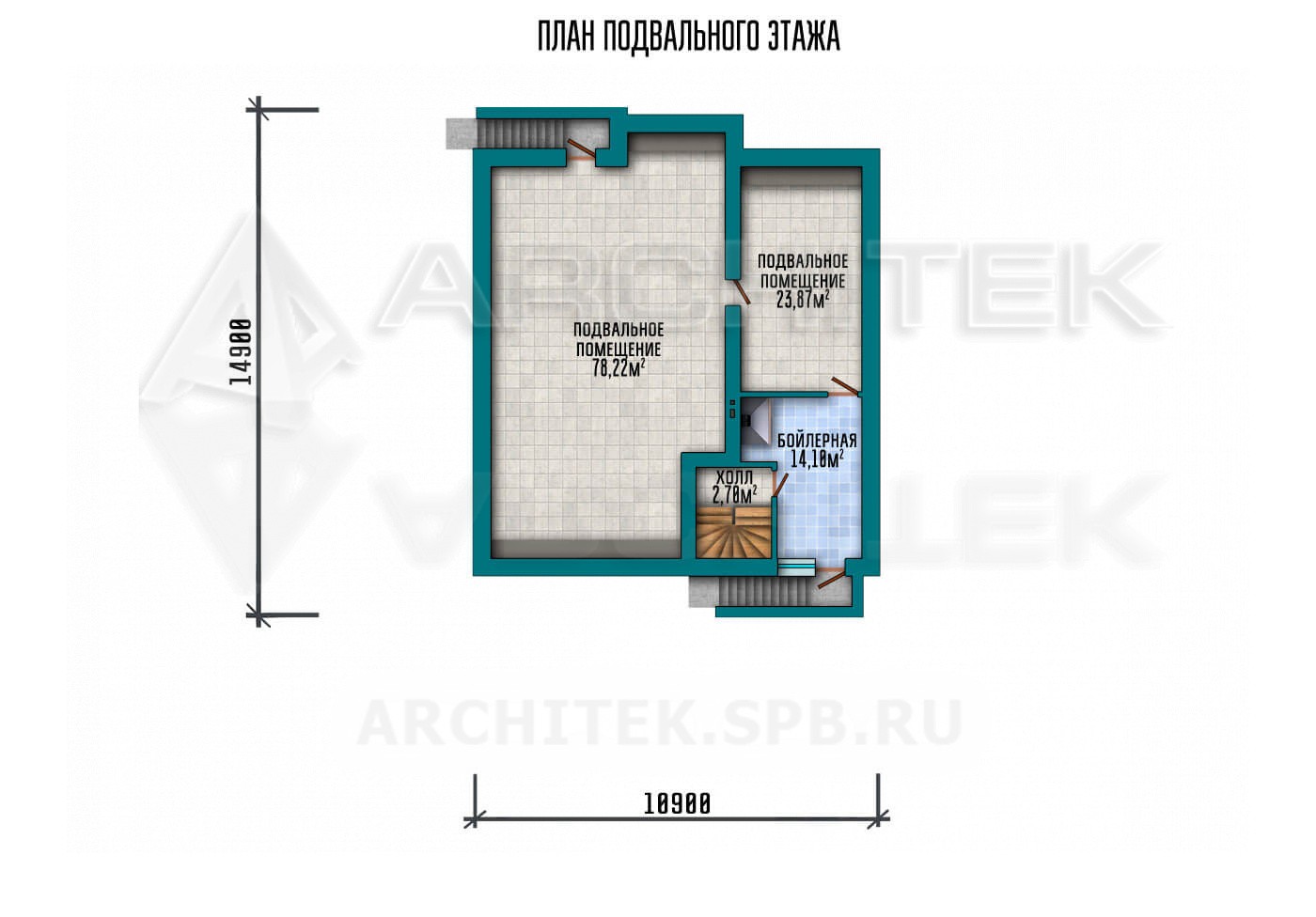 VR-129-P готовый проект одноэтажного дома из газобетона с подвалом, навесом для авто, террасой, 18.95×17.9