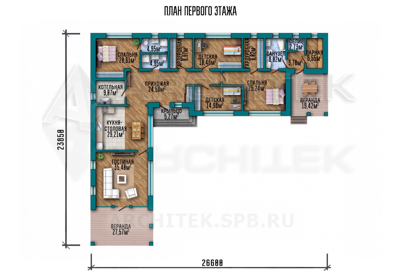 VR-134-P проект одноэтажного углового дома из газобетона 26.6×23.85 с сауной и террасой