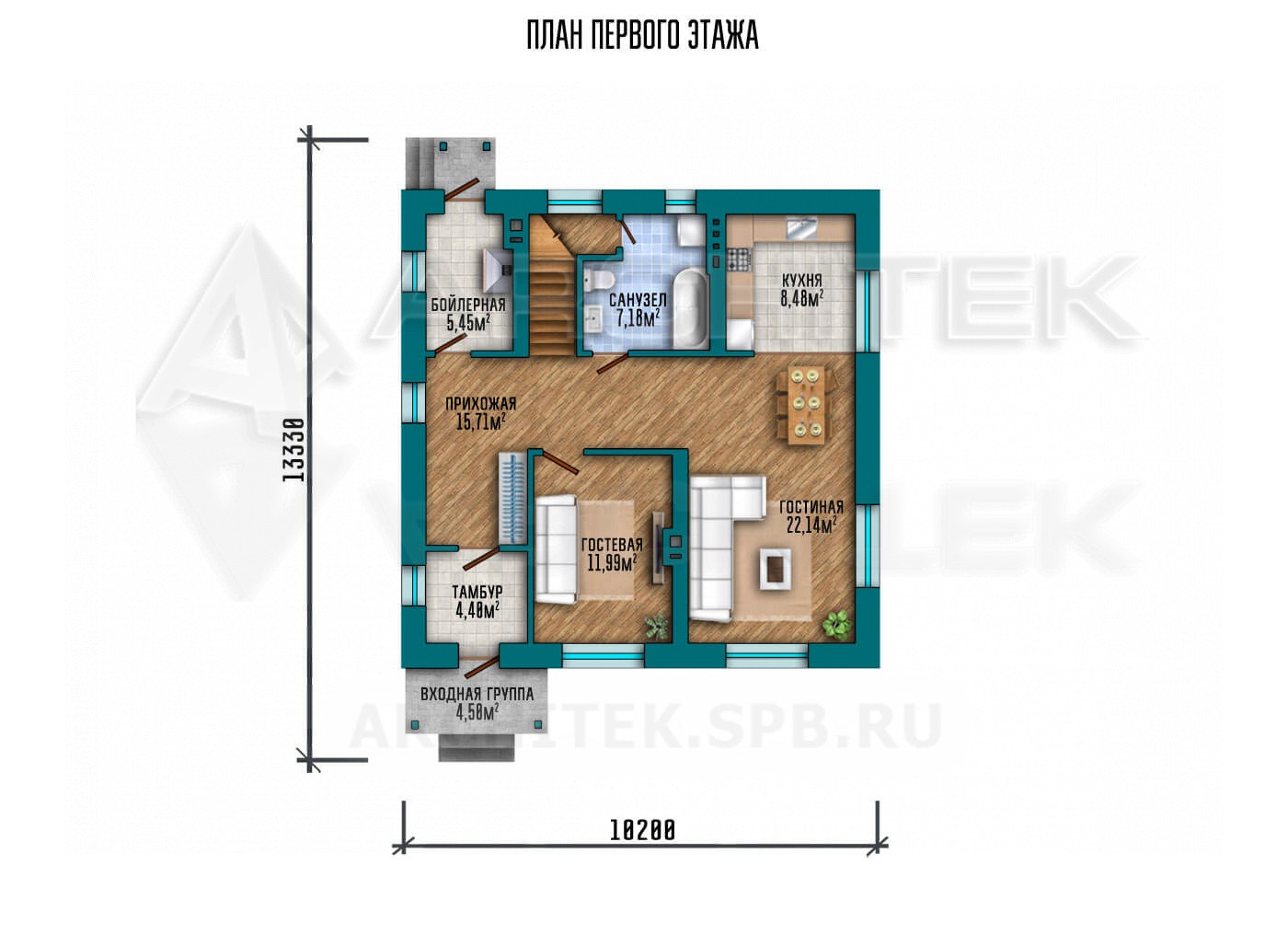 VR-135-P/1 проект двухэтажного дома 10.2×13.33 из газобетонных блоков