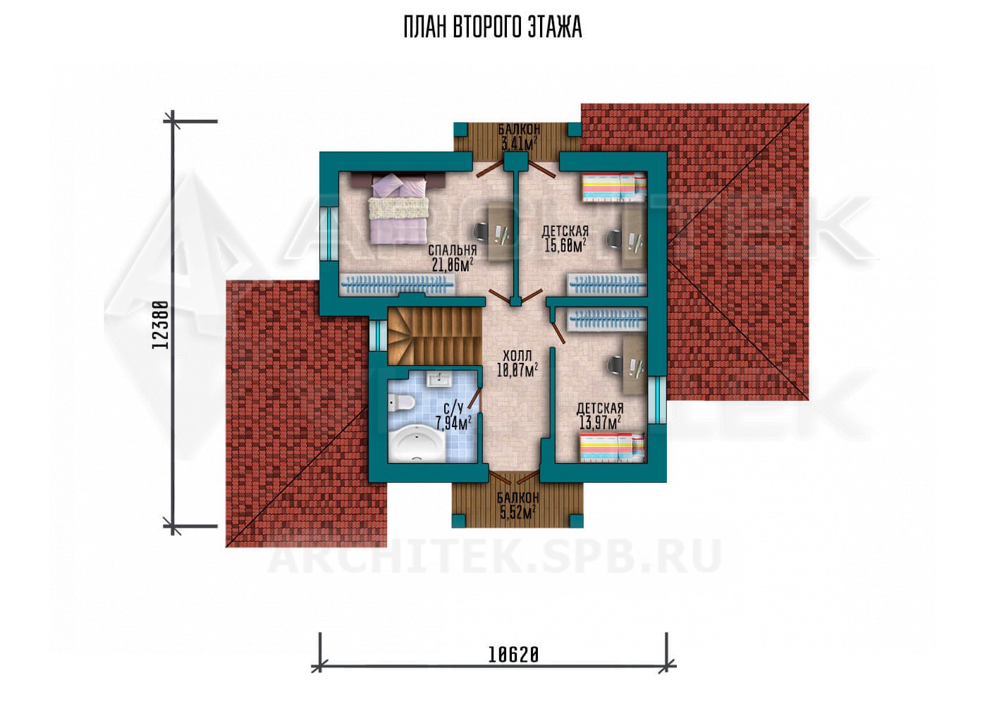 VR-154-P проект дома из пеноблоков 14×13.7 с мансардой, навесом для авто, террасой и балконом