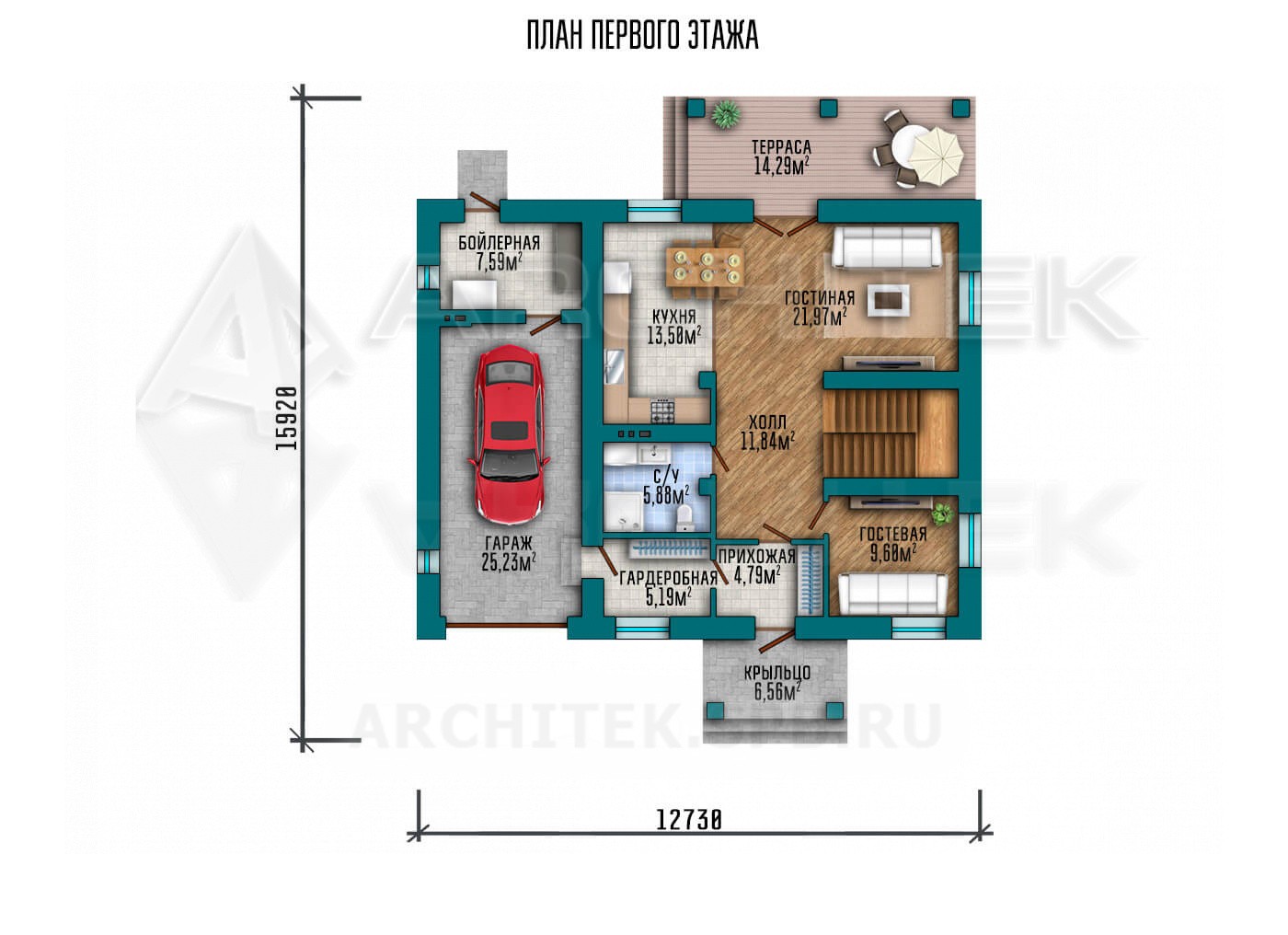 VR-155-P/1 готовый проект двухэтажного коттеджа 13.8×15.8 из пеноблоков с террасой и гаражом