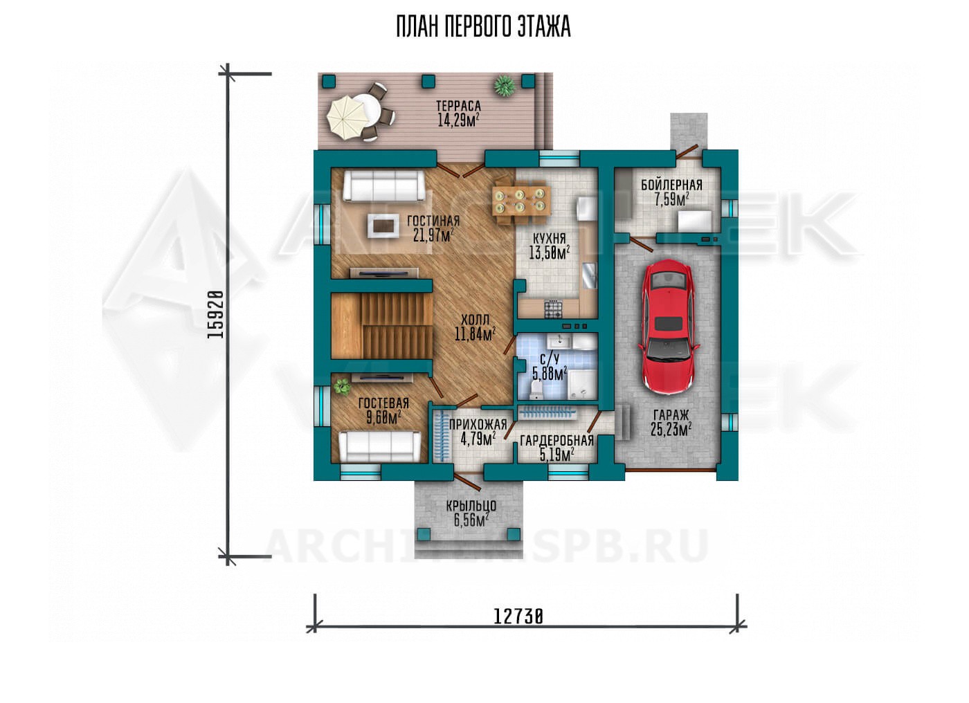 VR-155-P проект 2-этажного дома 13.8×15.8 из газобетона со встроенным гаражом и террасой