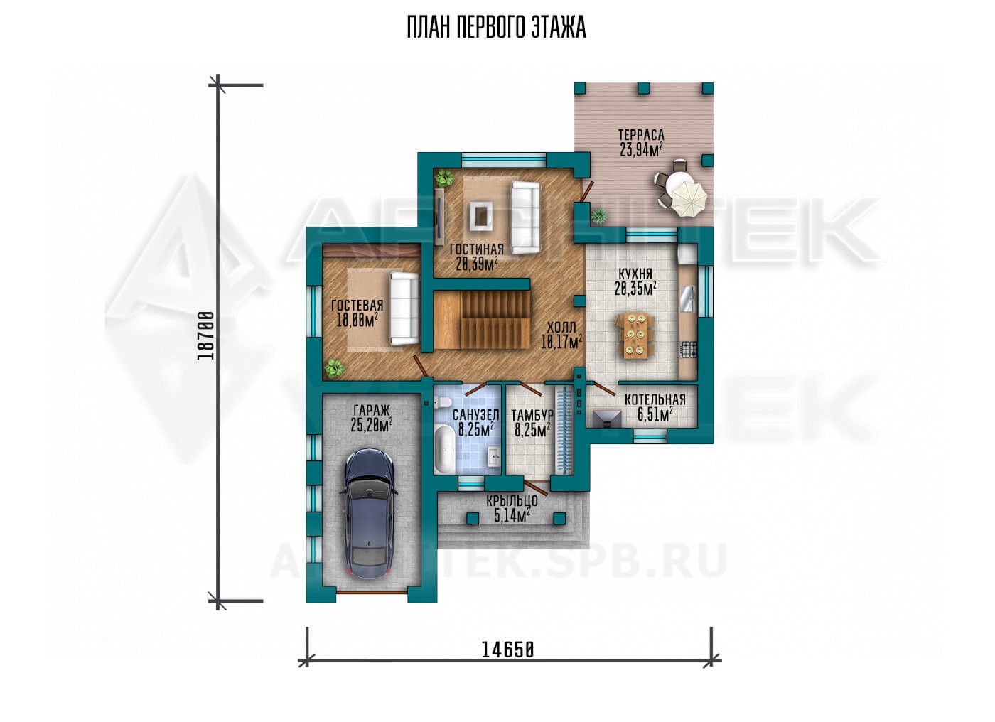 VR-172-P/1 готовый проект коттеджа 14.65×18.7 из газобетона с мансардой, гаражом, террасой