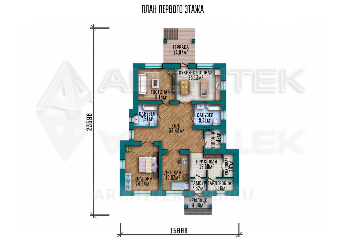 VR-173-P/1 проект одноэтажного дома 15×23.6 из газобетонных блоков с террасой