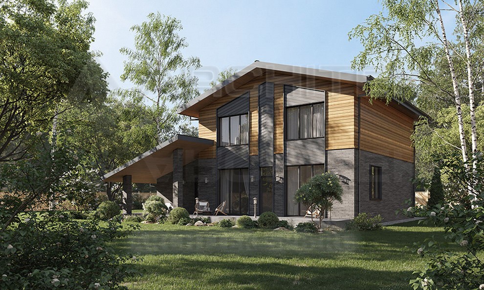 VR-188-P/1 готовый проект двухэтажного коттеджа 14.1×14.1 из пеноблоков с террасой и гаражом