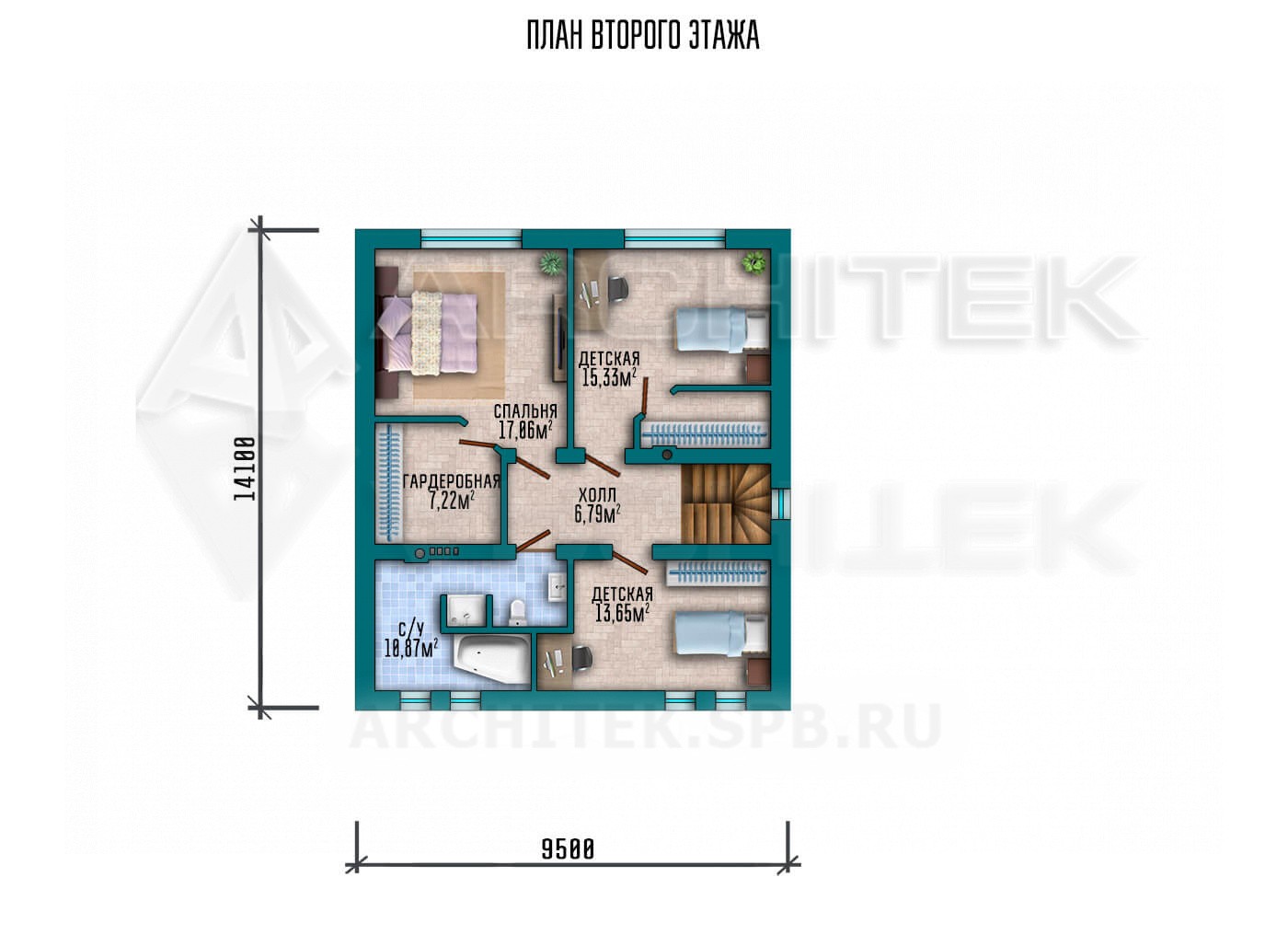 VR-188-P/1 готовый проект двухэтажного коттеджа 14.1×14.1 из пеноблоков с террасой и гаражом