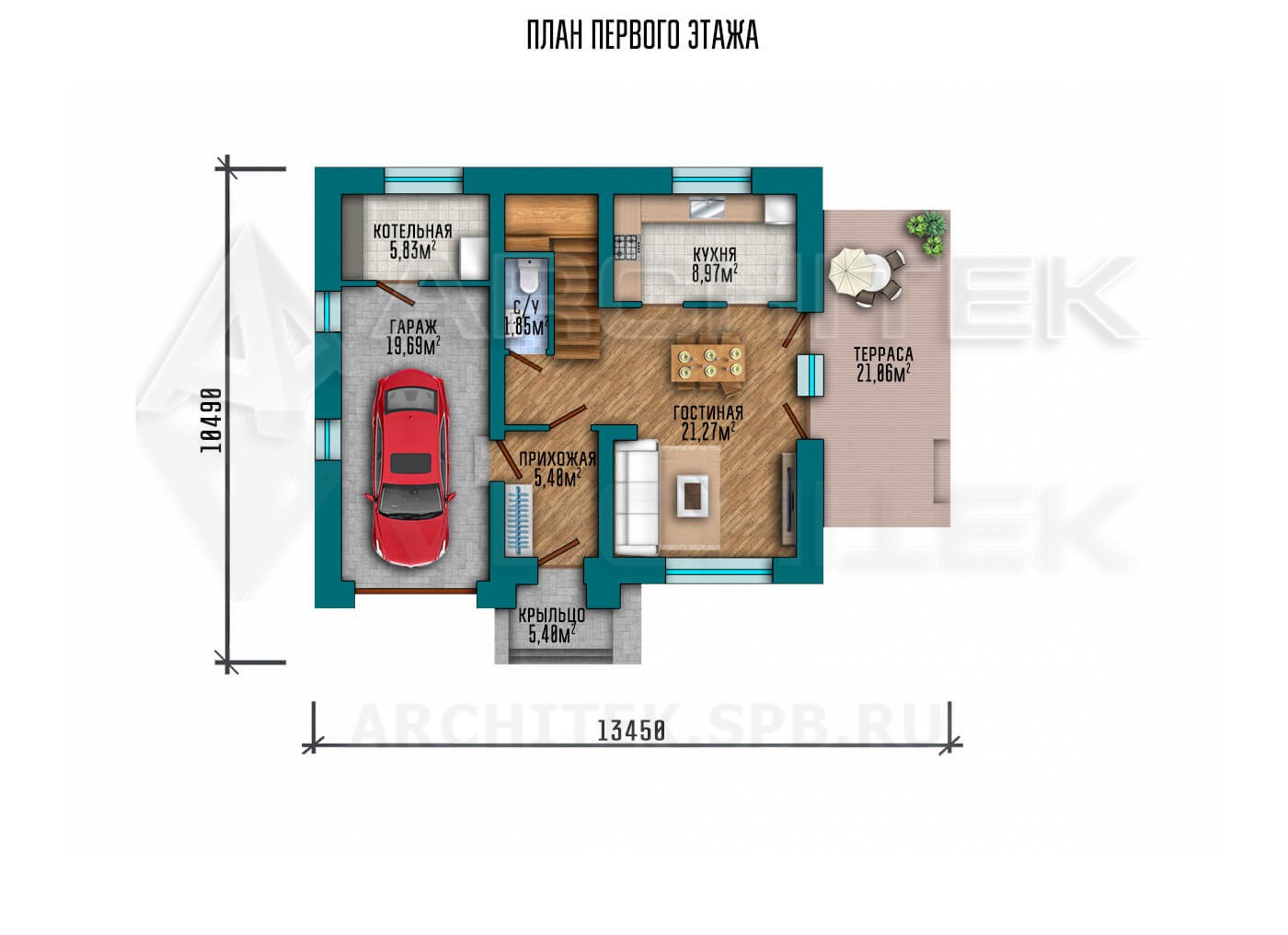 VR-189-P/1 готовый проект коттеджа 13.45×10.49 из газобетона с мансардой, гаражом, террасой