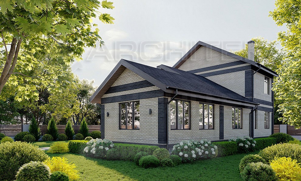 VR-195-P/1 готовый проект загородного 2-этажного дома из газобетона 17.24×13.38 с верандой