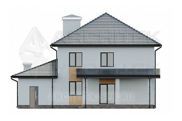 VR-203-P/1 готовый проект двухэтажного коттеджа из пеноблоков с террасой и гаражом 13.8×15.8
