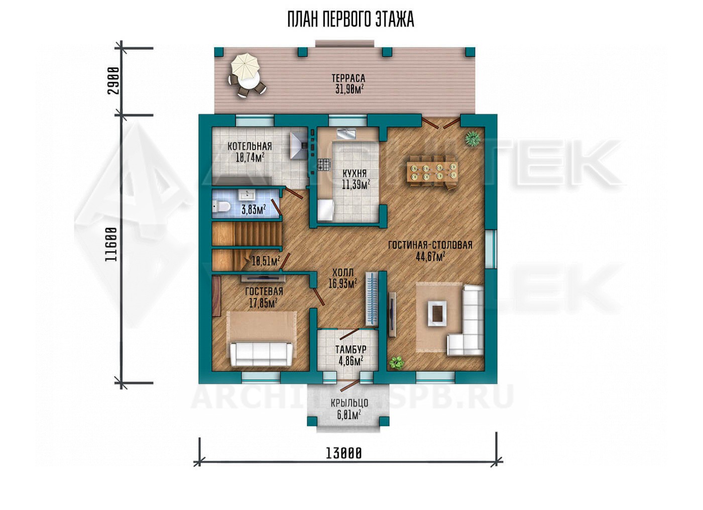 VR-204-P/1 проект двухэтажного дома из газобетона с террасой 13×11.6