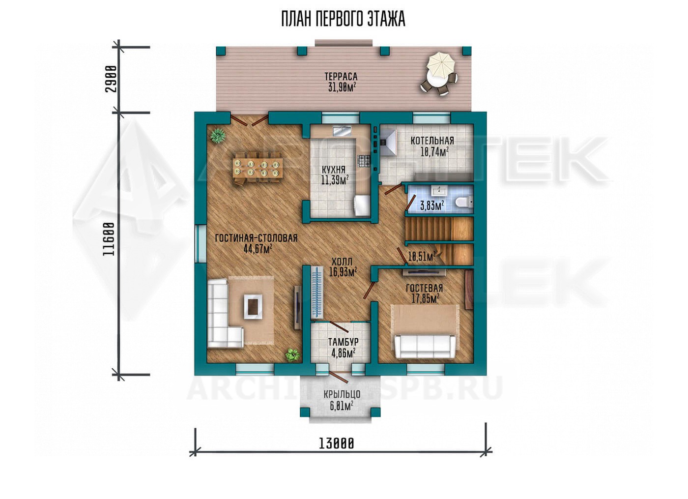 VR-204-P проект двухэтажного коттеджа 13×11.6 из пеноблоков с террасой