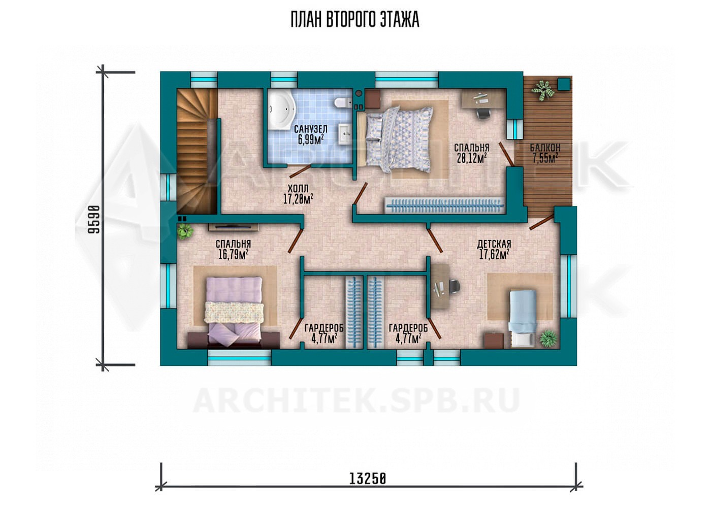 VR-205-P/1 проект 2-этажного дома 13.2×11.8 из газобетонных блоков с террасой и балконом