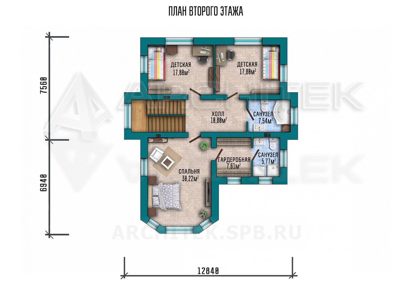 VR-225-P готовый проект загородного 2-этажного дома 12.84×14.5 из пеноблоков с эркером