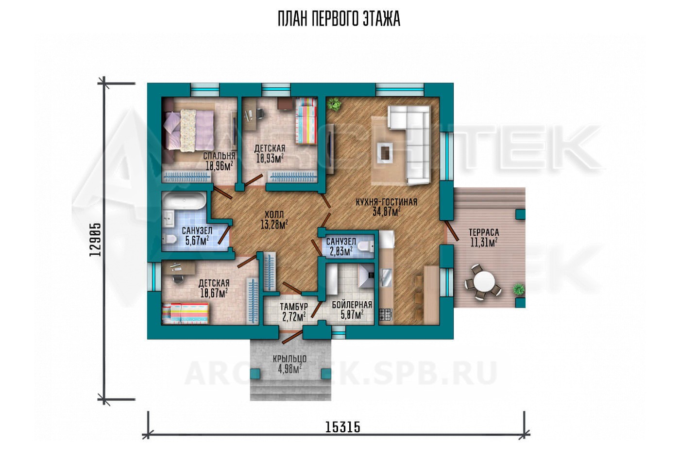VR-242-P/1 проект 1-этажного дома 15.32×12.91 из газобетона с террасой