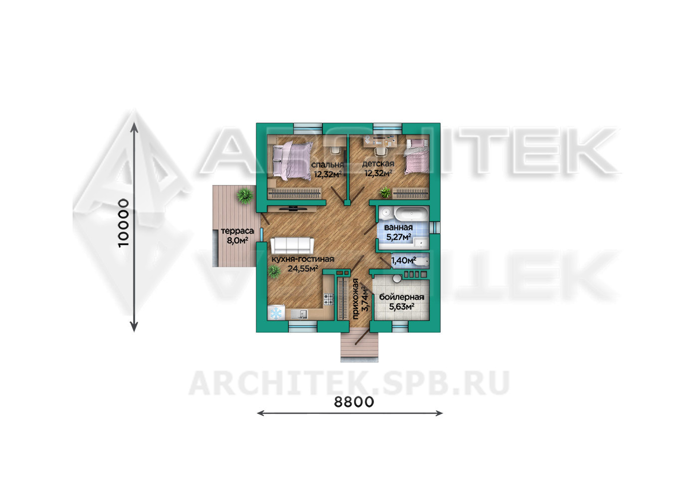 VR-247-P/1 Проект маленького простого одноэтажного дома из газобетона с террасой 8.8х10