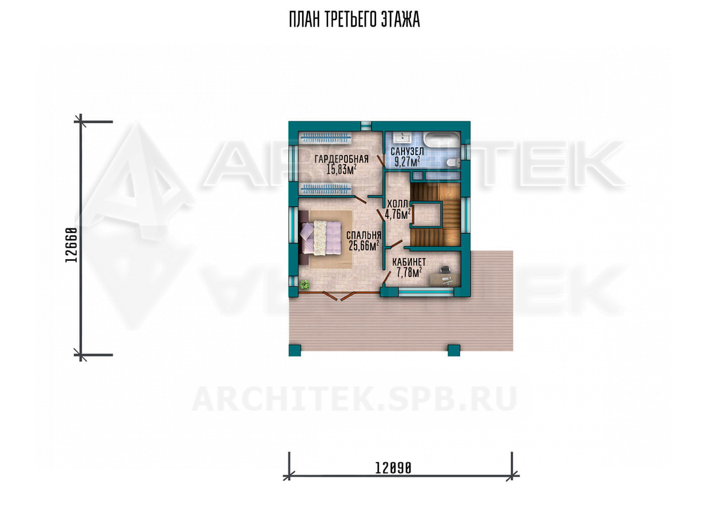 VR-255-P/1 проект трехэтажного коттеджа из газобетона с плоской крышей, бассейном, террасой, гаражом, сауной 26.8×20