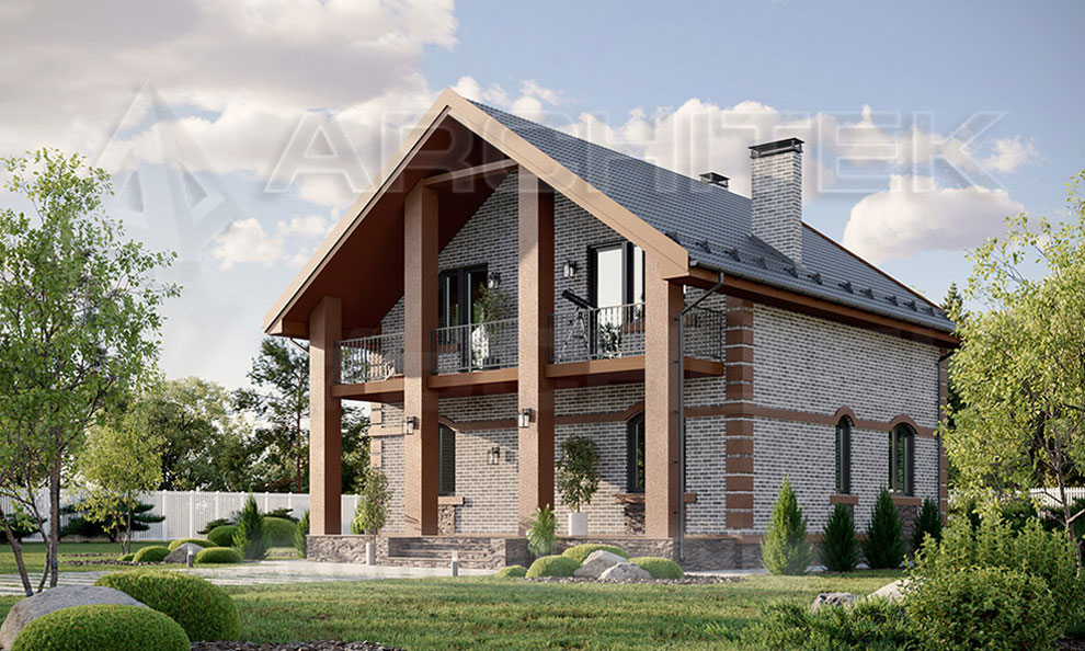 VR-264-P проект коттеджа из пеноблоков с мансардой, балконом и террасой 10.4×12.65