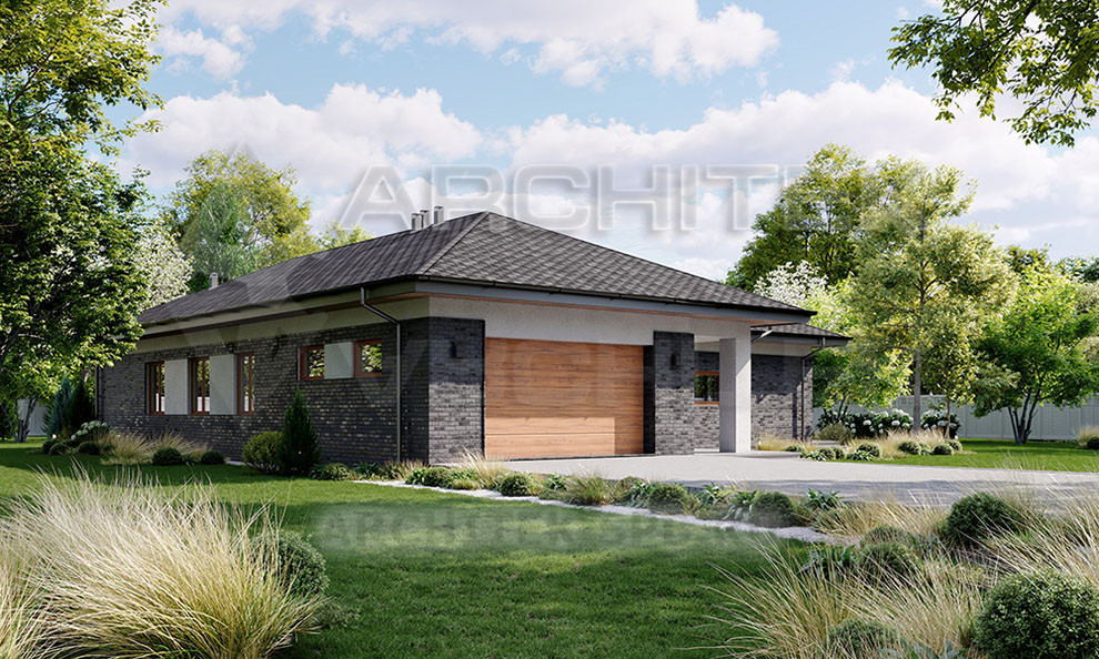 VR-269-P/1 проект 1-этажного дома из пеноблоков с гаражом на 2 авто, террасой 19х20